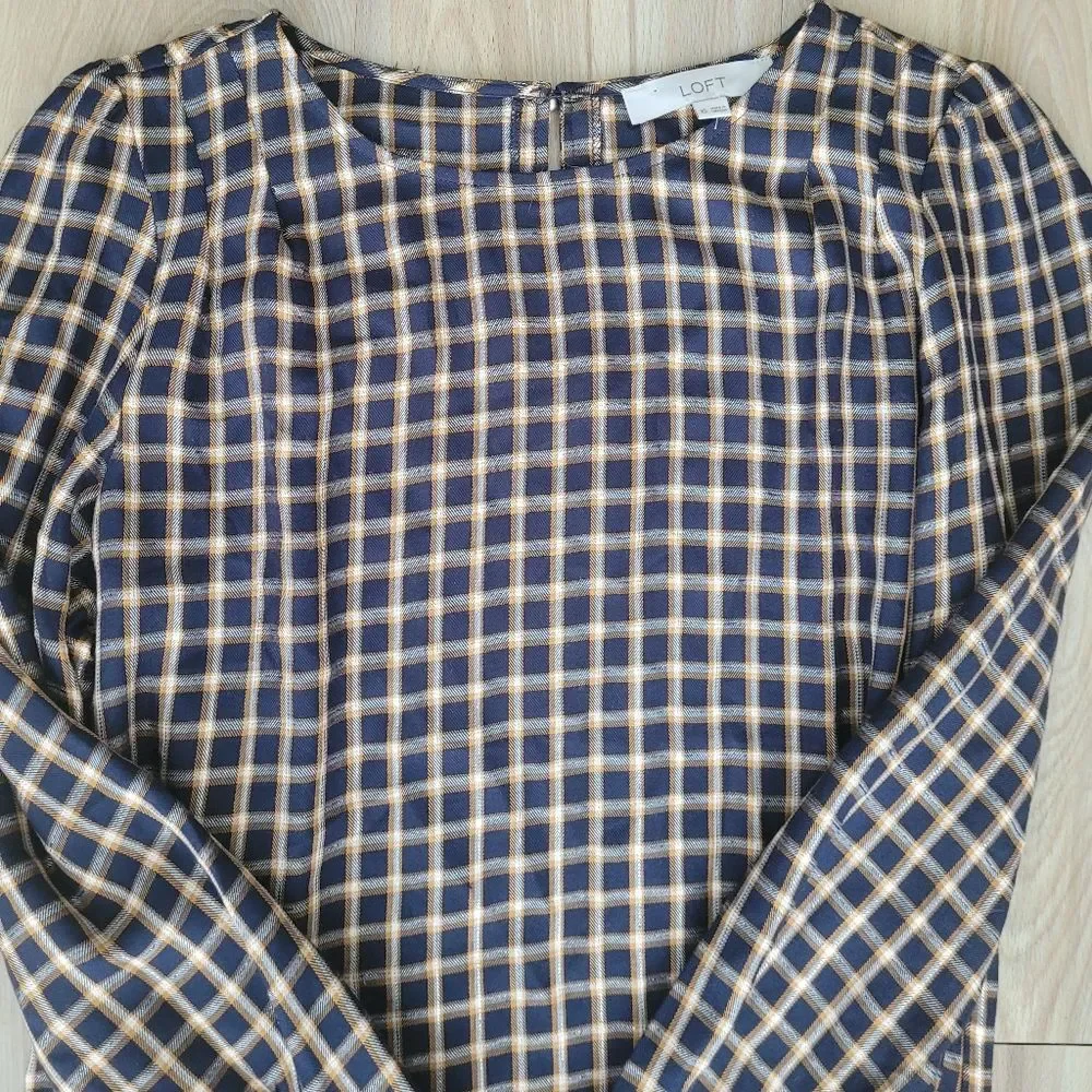 LOFT Blue Gold Plaid Puff Sleeve Blouse XS Business Casual Coquette Top